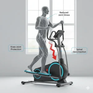 An anatomical diagram showing how a cross trainer provides a low-impact workout to protect knee joints and reduce spinal stress.