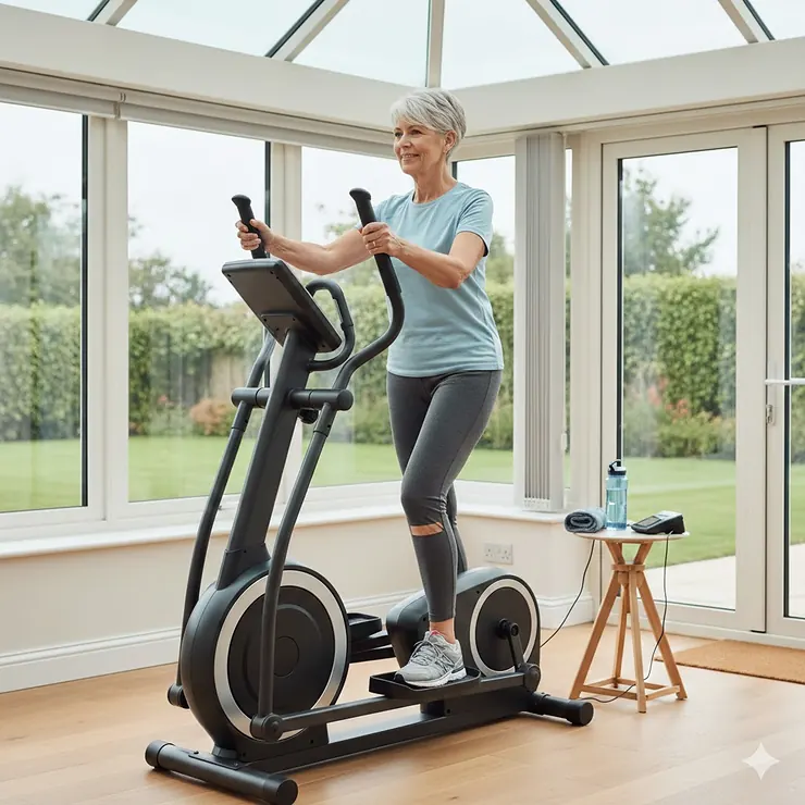 A woman in a bright UK home conservatory using a low impact cross trainer for rehabilitation after hip surgery. low impact cross trainer after hip surgery