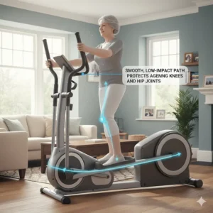 Diagram highlighting the smooth, low-impact elliptical path that protects ageing knees and hip joints.