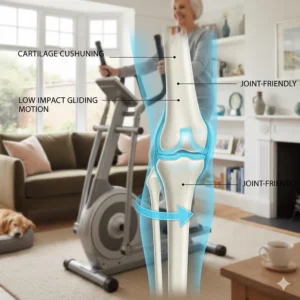 An anatomical overlay showing how a cross trainer provides a low-impact gliding motion that is gentle on knee joints for over 60s.