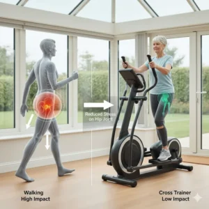 Comparison diagram showing high impact walking versus low impact cross trainer exercise for hip joint recovery.