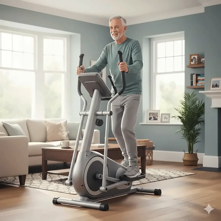 An active British man over 70 comfortably using a low step-through elliptical cross trainer in a sunlit living room. low step elliptical for over 70s