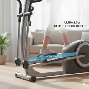 Close-up diagram showing the ultra-low step-through height for easy mounting by seniors with limited mobility.