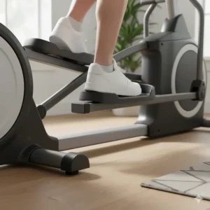 Close-up illustration of the low-profile floor base on a centre drive elliptical, highlighting easy access for users with limited mobility.