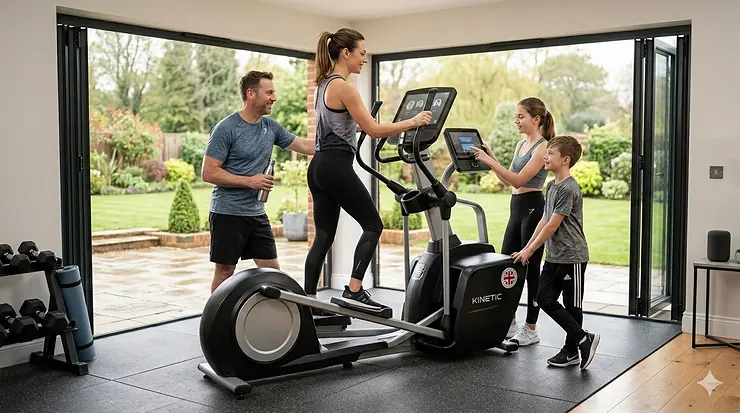 A multi-user elliptical cross trainer being used by a family in a bright UK home gym with garden views. multi user elliptical for whole family