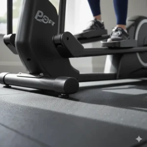 Adjustable non-slip levelling feet on an elliptical cross trainer to ensure stability for 150kg weight loads.