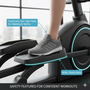 Detailed view of a cushioned, non-slip pedal on a stable cross trainer base, designed for secure and confident workouts.