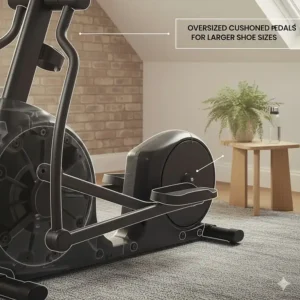 Alt text for image 7: Close-up of oversized, cushioned footpedals designed for larger shoe sizes on a front drive cross trainer.