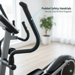 Illustration of long, padded safety handrails providing a secure grip and extra support for users during their workout.