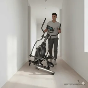 A rear drive elliptical being moved easily using integrated transport wheels in a narrow hallway.
