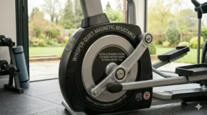 Whisper-quiet magnetic resistance system on an elliptical designed for busy British households.