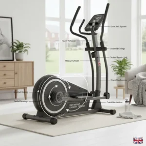Technical diagram of a rear drive cross trainer system showing the smooth flywheel motion.