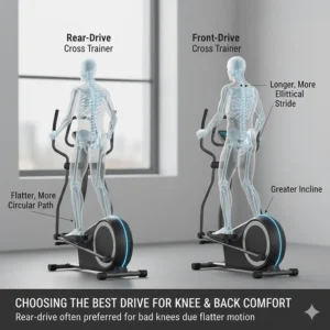Comparison of rear-drive and front-drive cross trainers highlighting the flatter motion path preferred for bad knees.
