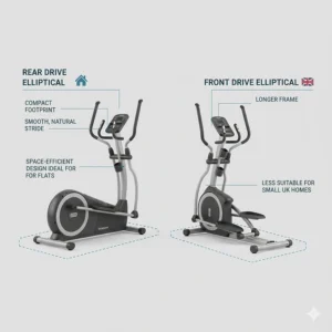 Diagram comparing rear drive and front drive elliptical designs for home workout space efficiency.