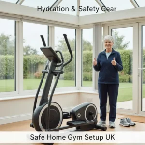 A safe home gym setup in a UK home featuring a cross trainer, proper trainers, and hydration for hip recovery.