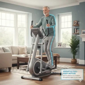Illustration of a versatile low-entry cross trainer being used to improve balance and circulation in the over 70s.