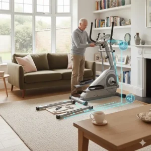A senior British man easily assembling a simple cross trainer in his home, highlighting straightforward setup.