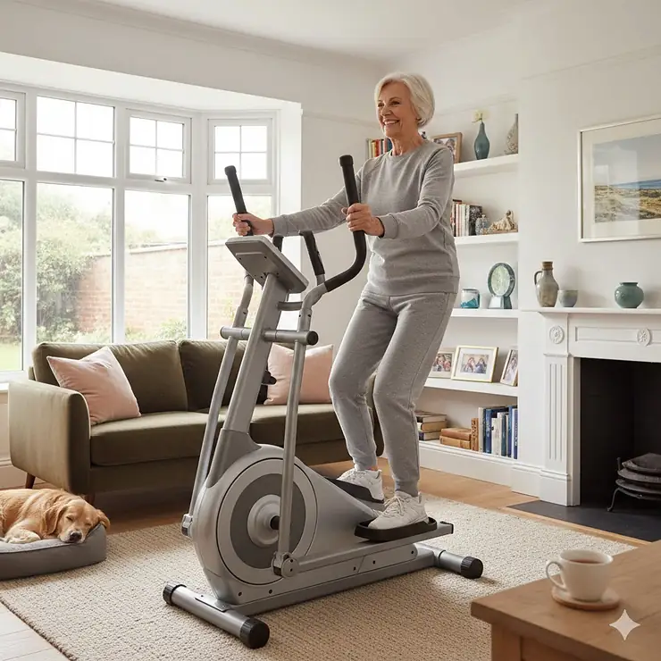 A senior British woman smiling while using a simple cross trainer in a bright, modern UK living room with a golden retriever nearby. simple cross trainer for over 60s