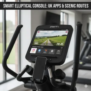 Close-up of a cross trainer console displaying workout metrics and integrated fitness apps for UK runners.