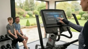 User connecting a fitness app to the elliptical console for family leaderboards and workout tracking.