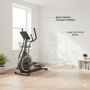 Illustration of a centre drive elliptical tucked into a small corner of a British flat, showing its compact size compared to front-drive models.