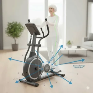 Diagram showing the balanced weight distribution of a centre drive cross trainer, ensuring maximum stability for older adults.