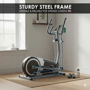 Durable steel frame construction of a front drive cross trainer ensuring stability during intense cardio.