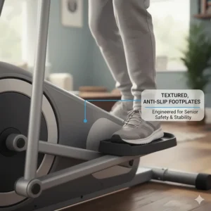 Close-up of wide, textured anti-slip footplates designed for secure footing while exercising.