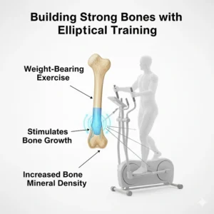 Medical illustration showing how weight-bearing exercise on an elliptical trainer helps stimulate bone growth and increase bone mineral density.