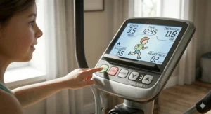 A 12-year-old girl in athletic wear exercising on a junior cross trainer with correct form.