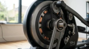 A detailed close-up of the internal 18kg flywheel and belt drive system of the cross trainer, highlighting the heavy-duty components that ensure a smooth workout.