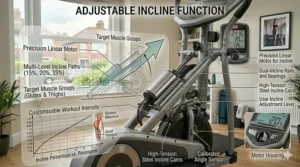 Graphic showing the adjustable incline paths and target muscle groups like glutes and thighs for varied intensity.