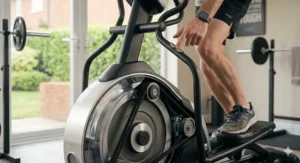 A hand adjusting the magnetic resistance levels on a cross trainer to customise the workout intensity.