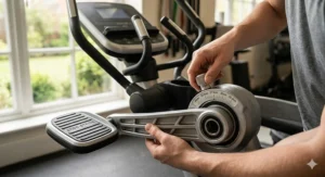 Close-up of a user adjusting the stride length on a premium cross trainer for a bespoke workout.