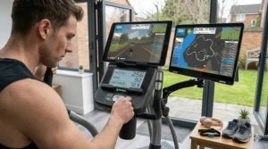 Diagram showing how a Bluetooth elliptical automatically adjusts resistance to match the virtual terrain in Zwift.