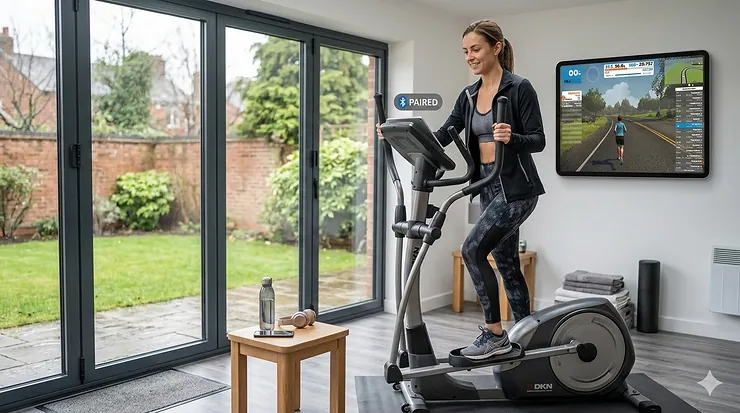 A person in a UK home gym using a Bluetooth elliptical compatible with Zwift, viewing the virtual cycling app on a tablet mounted to the console. bluetooth elliptical compatible with zwift