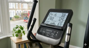 Close-up of the digital console on a Forge Fitness cross trainer displaying workout metrics including distance in km, speed in kph, and heart rate monitoring.