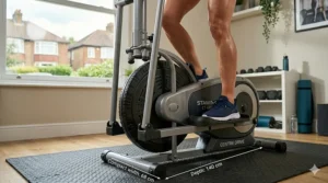 Close-up of the centre drive flywheel and pedals, highlighting the low-impact movement for joint health.