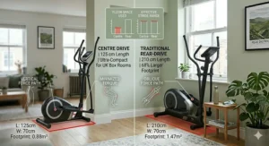 Comparison graphic showing a centre drive elliptical occupying 68% less floor space than a traditional rear-drive model.