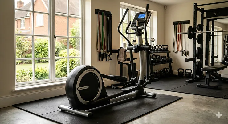 A photorealistic 4K image of a heavy-duty commercial grade rear drive elliptical trainer positioned in a well-lit British home gym with a garden view. commercial grade rear drive elliptical for home gym