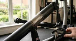 Close-up showing the robust welded steel frame and industrial-grade components of a home gym elliptical.