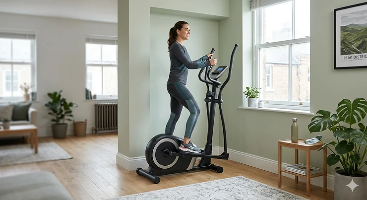 A woman exercises on a compact centre drive elliptical cross trainer in a light-filled British home with sash windows and a Peak District print. compact centre drive elliptical for small spaces