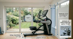 A photorealistic dimensional diagram showing a compact cross trainer with a 20 inch stride length, ideal for British spare rooms or garages.
