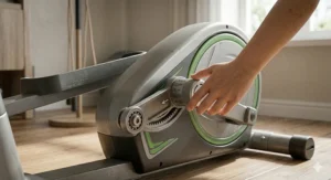 Photorealistic diagram showing the footprint and handle height of a compact cross trainer in a UK home.