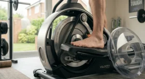 The compact design of the elliptical trainer, showing how it fits comfortably into a British spare room or lounge.