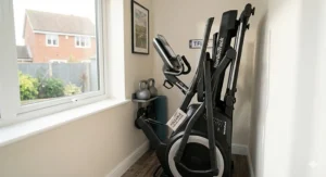 A space-saving, foldable elliptical cross trainer positioned in the corner of a contemporary British apartment.
