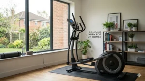 The elliptical cross trainer positioned neatly in a contemporary UK living space, illustrating its compact design and suitability for British home fitness.
