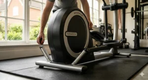 A user measuring the footprint of a rear drive elliptical to fit a standard UK home gym space.