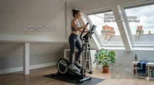 Illustration of a user maintaining correct posture on a front-drive elliptical without hitting their head on a low ceiling beam.