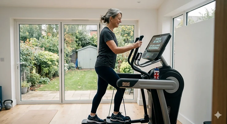 A premium home cross trainer with a 20 inch stride length shown in a modern UK home gym setting with bifold doors and a garden view. cross trainer with 20 inch stride length
